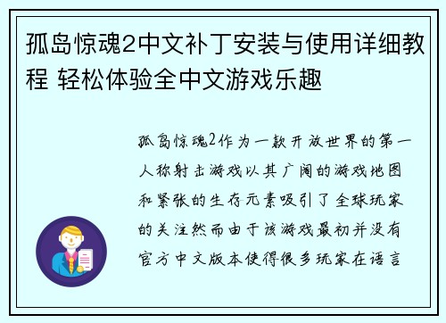 孤岛惊魂2中文补丁安装与使用详细教程 轻松体验全中文游戏乐趣